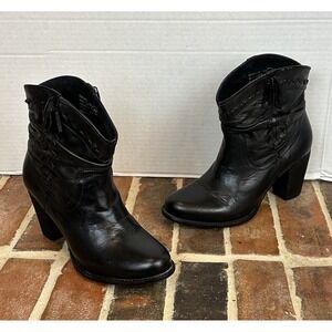 Naughty Monkey Black Leather High Heel Ankle Boots Sz 9 Fringe Western Boho Goth